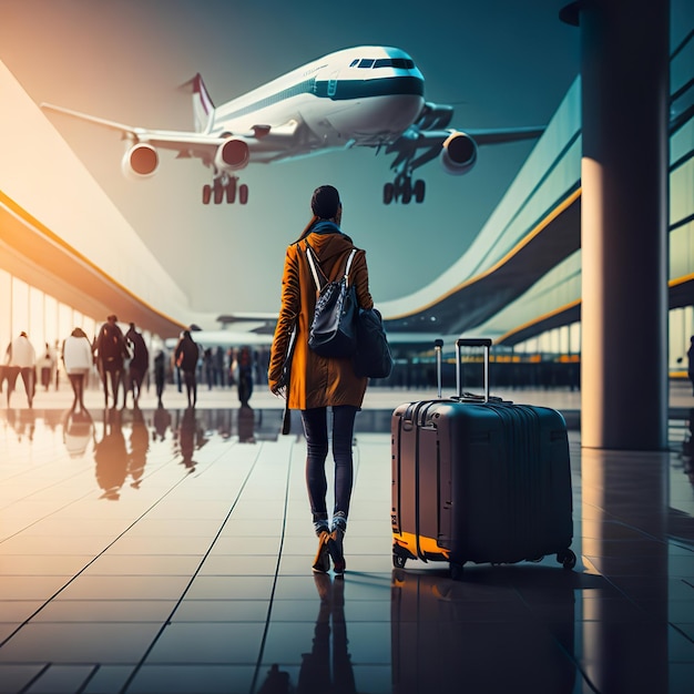 A woman is walking in an airport with a suitcase and a large plane in the background.