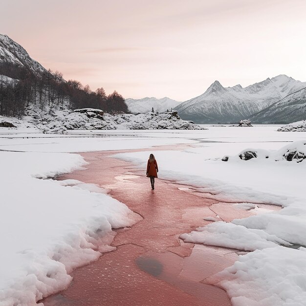 Женщина гуляет по замерзшему озеру, окруженному снегом.