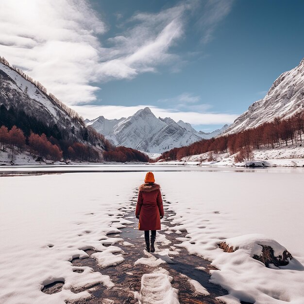 A woman is walking around a frozen lake with snow surrounding her