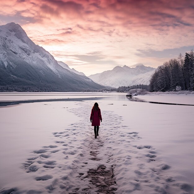 A woman is walking around a frozen lake with snow surrounding her