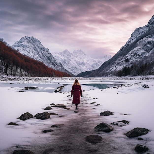 Photo a woman is walking around a frozen lake with snow surrounding her