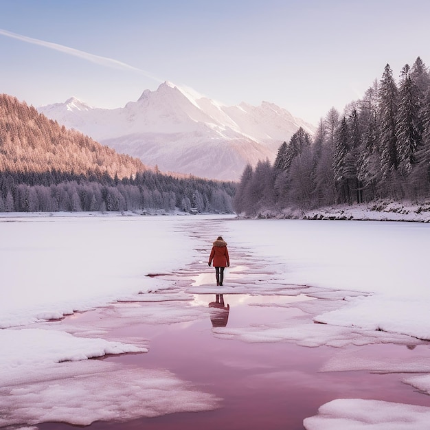 A woman is walking around a frozen lake with snow surrounding her