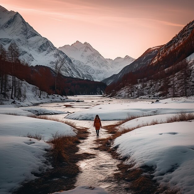 A woman is walking around a frozen lake with snow surrounding her