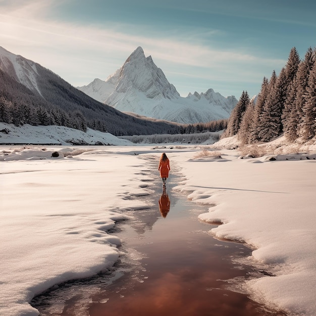 A woman is walking around a frozen lake with snow surrounding her