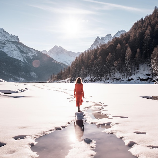 A woman is walking around a frozen lake with snow surrounding her