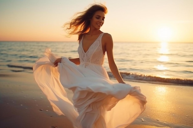 a woman is walking on the beach at sunset