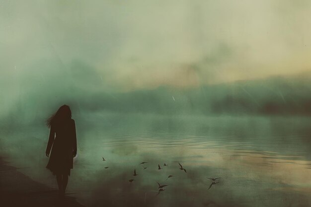 Photo a woman is walking on a beach with a flock of birds in the background