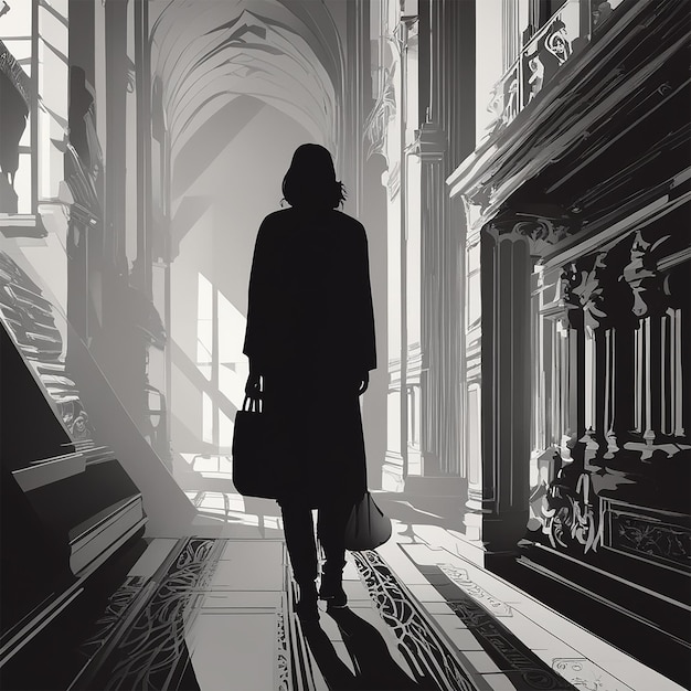 a woman is walking in a cathedral with a bag in her hand.