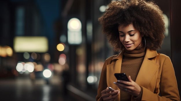 a woman is walking down the street and texting on her phone.