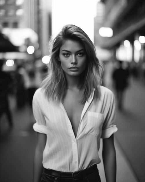 A woman is walking down the street wearing a white shirt