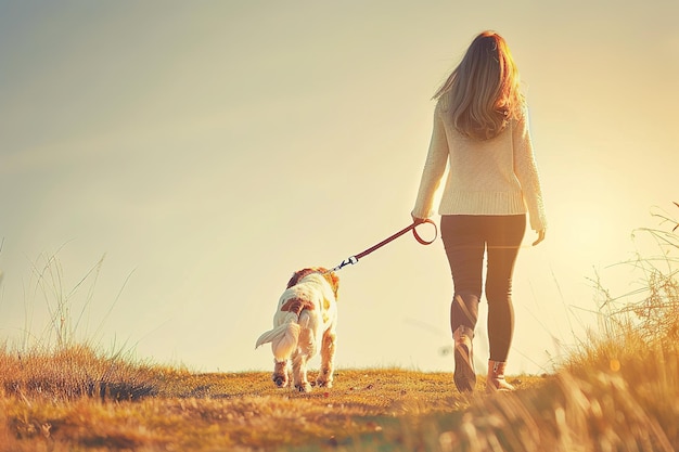 女性が草の丘で犬を散歩させている