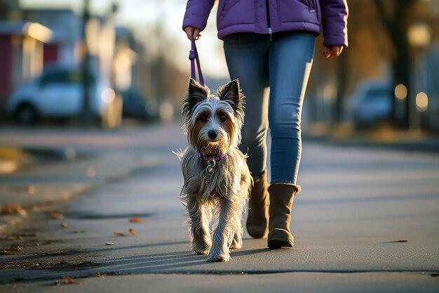 the woman is walking her pet to the park and pulling