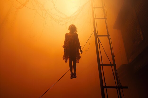 Photo a woman is walking on a ladder in the air with a ladder in the background