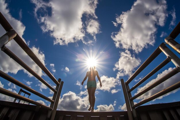 a woman is walking in a sunlit sky with clouds