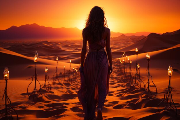 A woman is walking through the desert at sunset