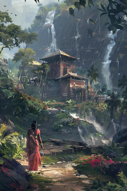 a woman is walking through a lush jungle with a waterfall in the background
