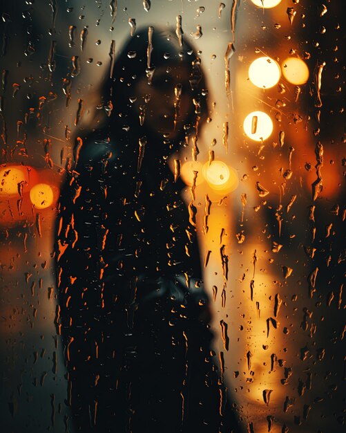 a woman is walking through a rain covered window with raindrops on her face