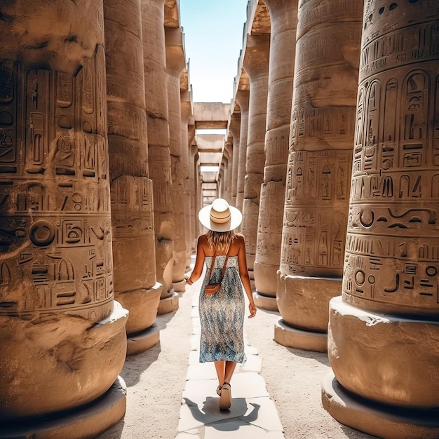 a woman is walking through a temple with a hat on her head