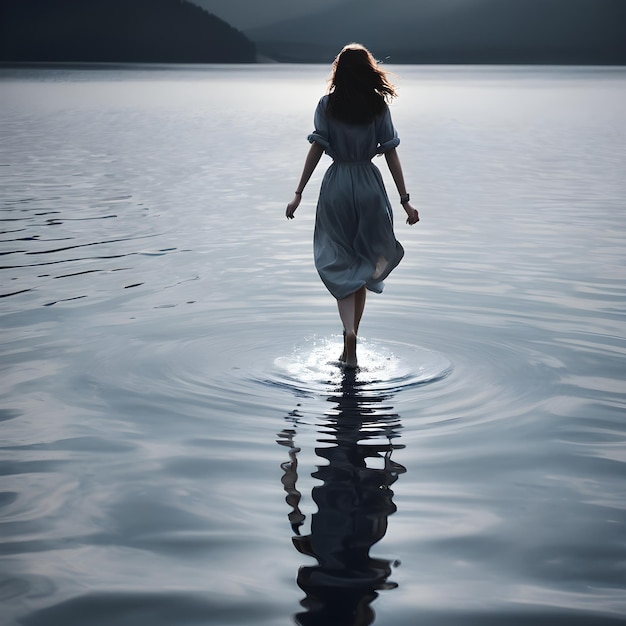 Foto una donna sta camminando nell'acqua con un riflesso di una donna nell'acqua