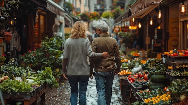 Photo a woman is walking with an older man in a market