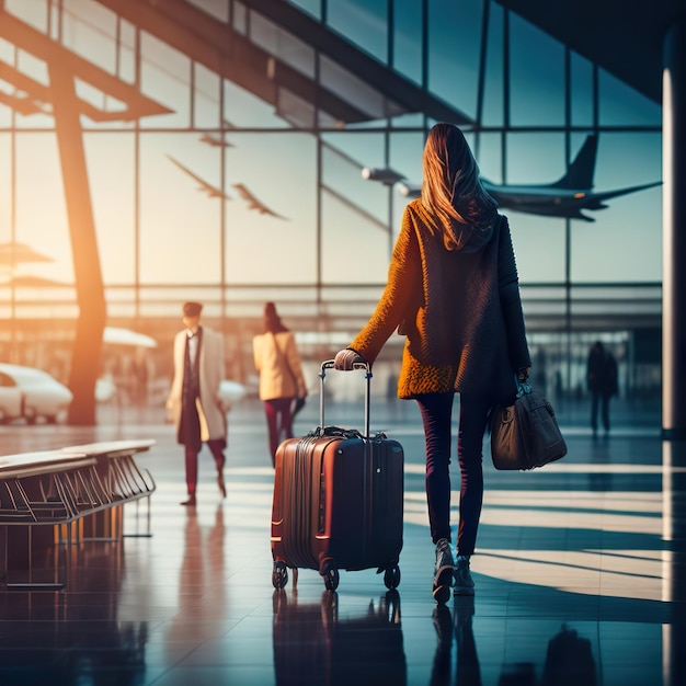 A woman is walking with a suitcase in an airport.