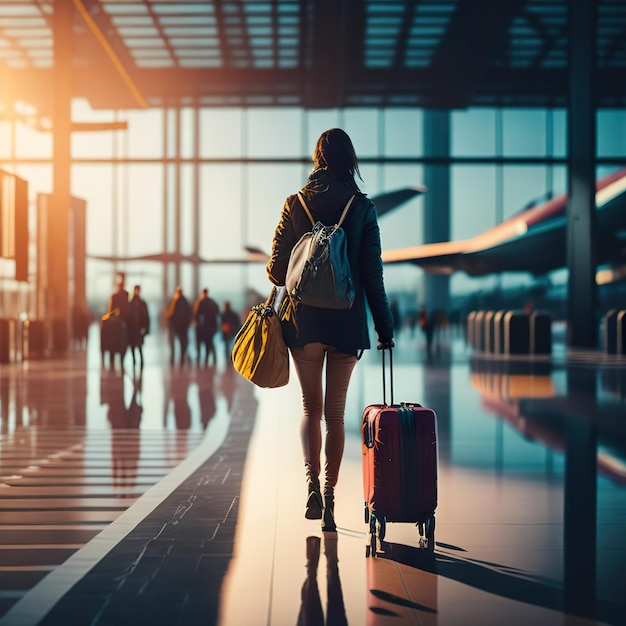 A woman is walking with a suitcase in an airport.