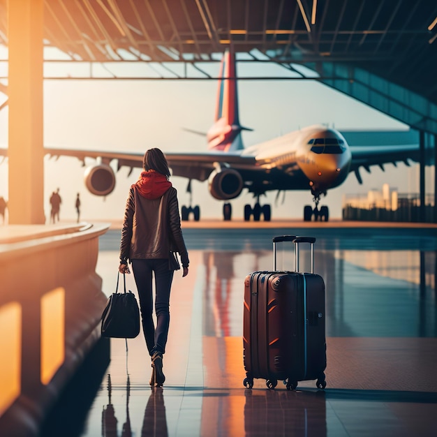 A woman is walking with a suitcase in front of a plane that is on a runway.