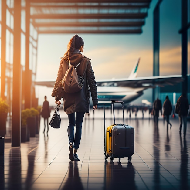 한 여성이 비행기 앞에서 여행가방을 들고 걷고 있습니다.