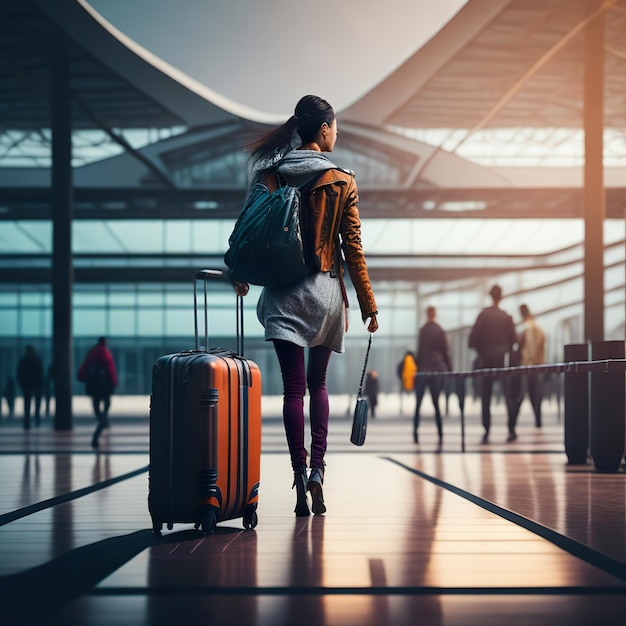 A woman is walking with a suitcase in her hand.