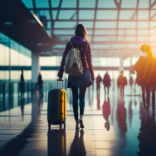 A woman is walking with a yellow suitcase in an airport.