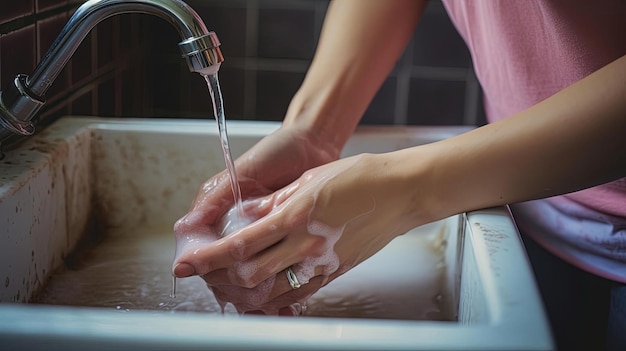 女性がトイレで革新的な技術で手を洗っている