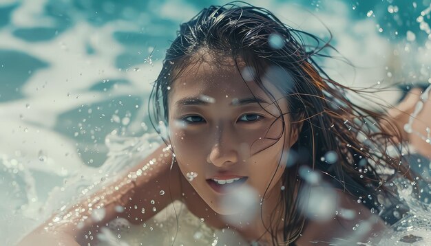 A woman is in the water with her head above the surface