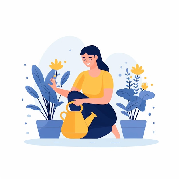 a woman is watering plants with a yellow watering can generative ai