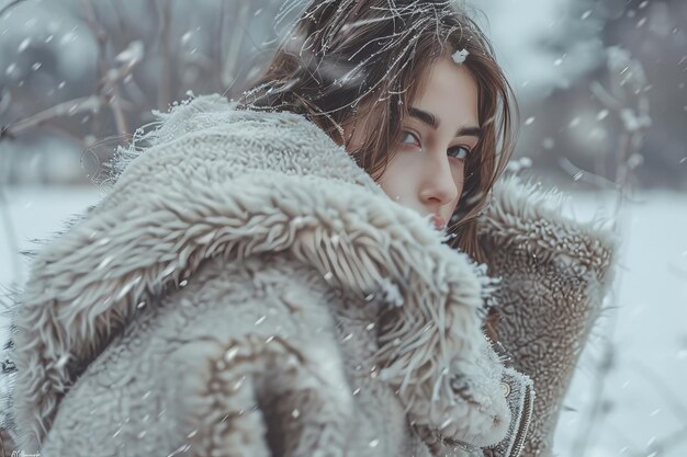 女性が毛皮のコートを着て雪の中に立っています