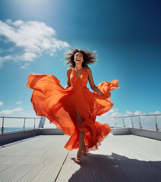 A woman is wearing a giant orange jumpsuit on the beach in the style of Orientalist imagery