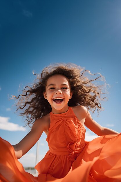 A woman is wearing a giant orange jumpsuit on the beach in the style of Orientalist imagery