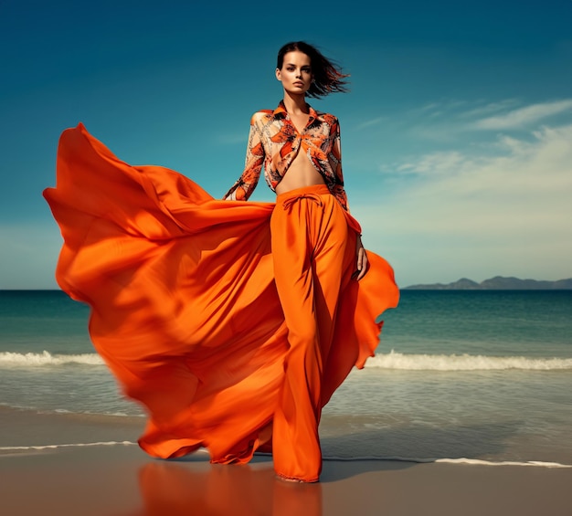 A woman is wearing a huge orange jumpsuit on the beach in the style of orientalist imagery