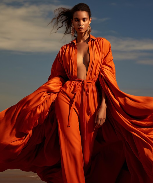 A woman is wearing a huge orange jumpsuit on the beach in the style of orientalist imagery