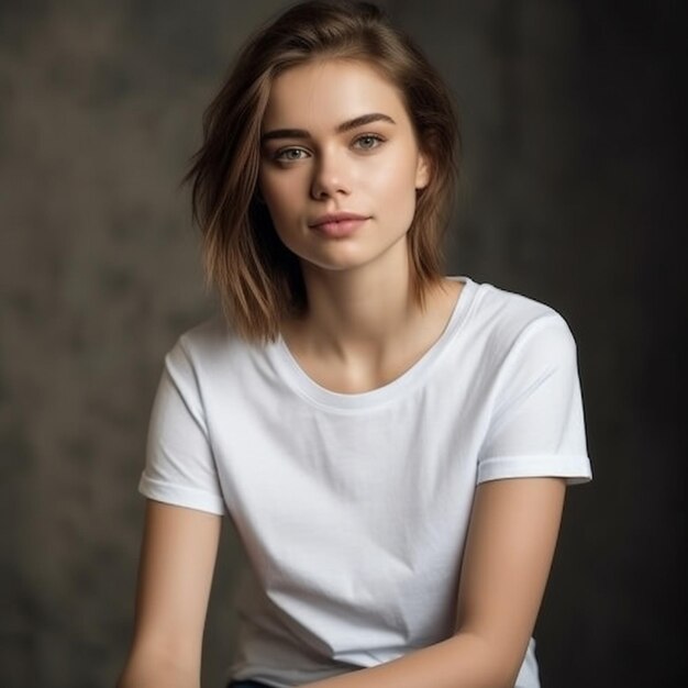 A woman is wearing a white shirt that says " the word " on it.