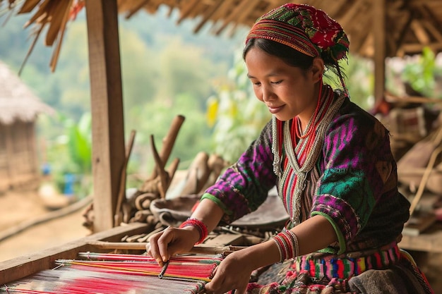 a woman is weaving a colorful cloth on a loom