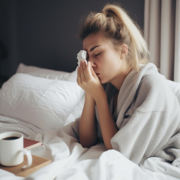 A woman is wiping her nose with a cup of coffee and a book on the table