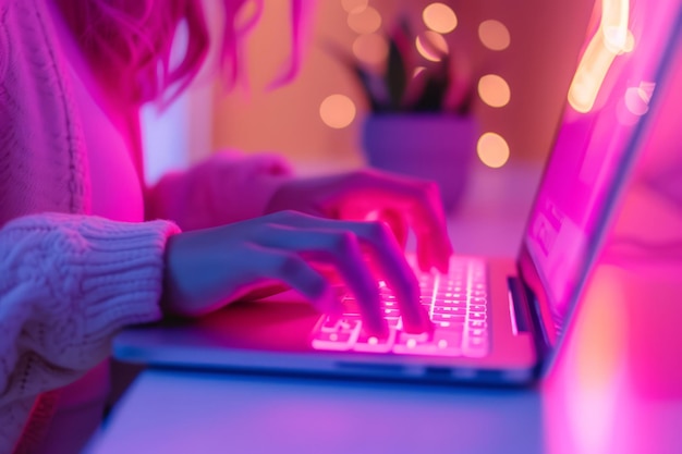 A woman is working by using a laptop on table Female home office with laptop and flowers bouquet Generative AI