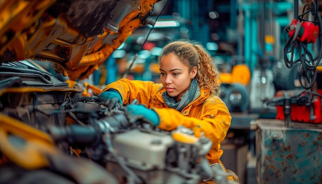 a woman is working on a car engine that is in a garage