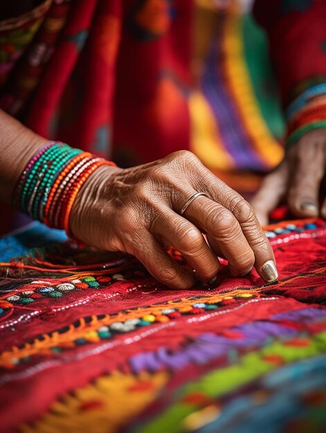 A woman is working on a colorful woven rug.