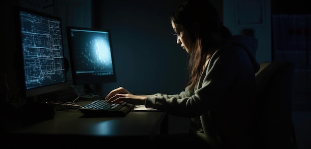 A woman is working on a computer in the dark.