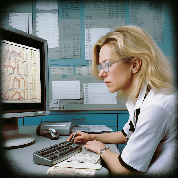 A woman is working on a computer with a computer monitor showing a heart attack.
