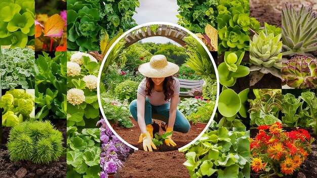 a woman is working in a garden with a hat on