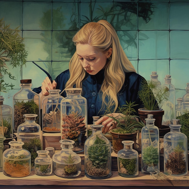 A woman is working in a glass jar with plants inside