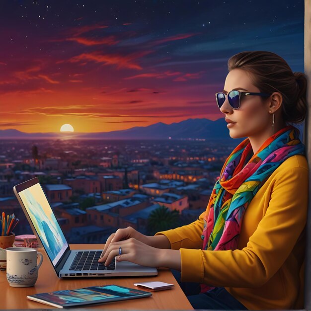 a woman is working on her laptop in front of a sunset background