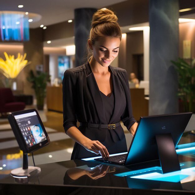 a woman is working on a laptop in a lobby with a blue light